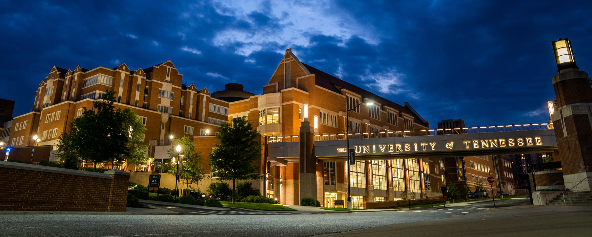 A night time photo of campus